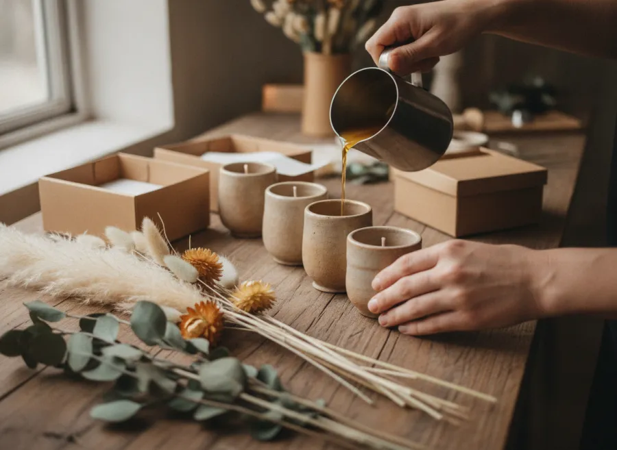 Hands pouring wax into small ceramic candle vessels