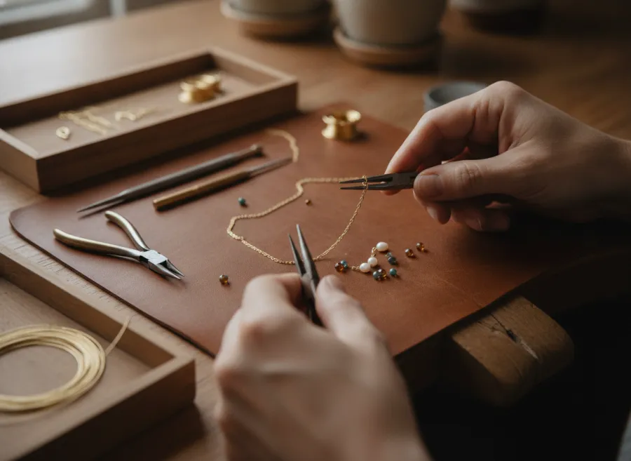 Hands assembling a delicate gold necklace at a jeweller's bench