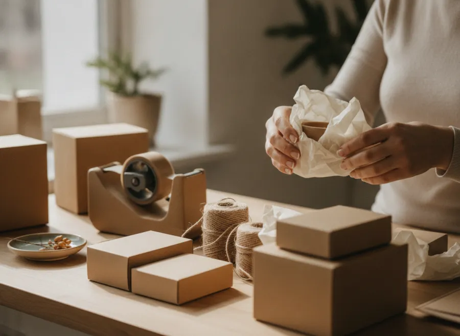 Kraft parcels being wrapped and packed on a work table