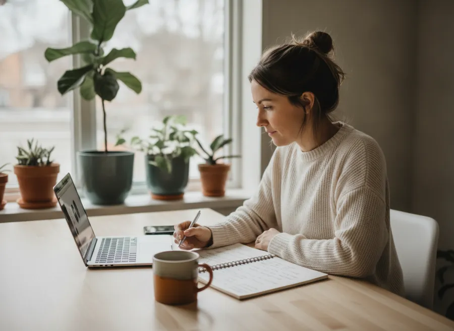 A seller comparing product ideas on a laptop at a tidy desk