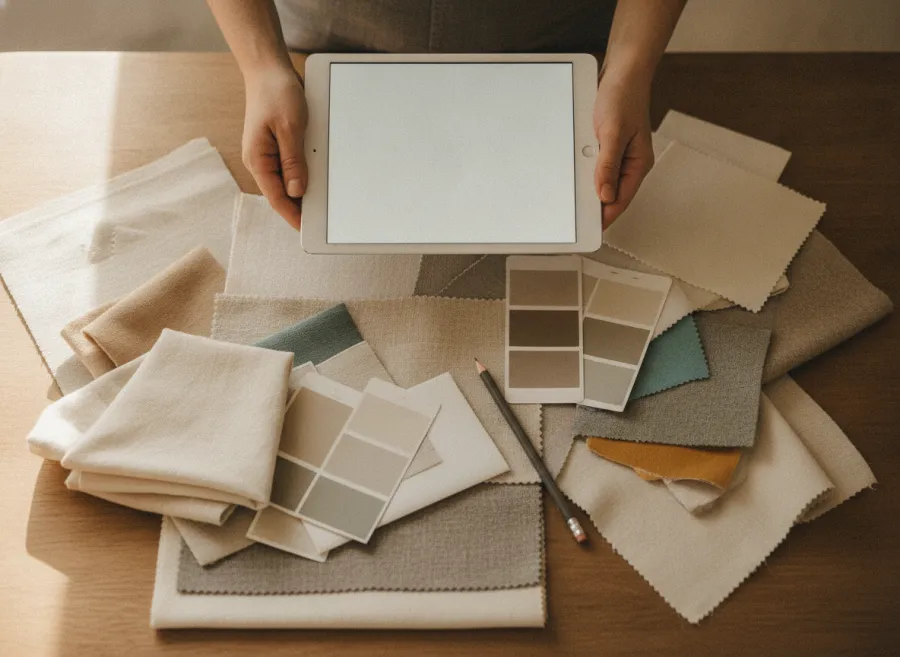 Hands holding a tablet over fabric swatches and colour cards