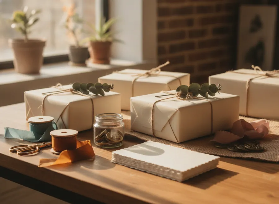 A worktable in autumn light with wrapped gift orders and ribbon spools