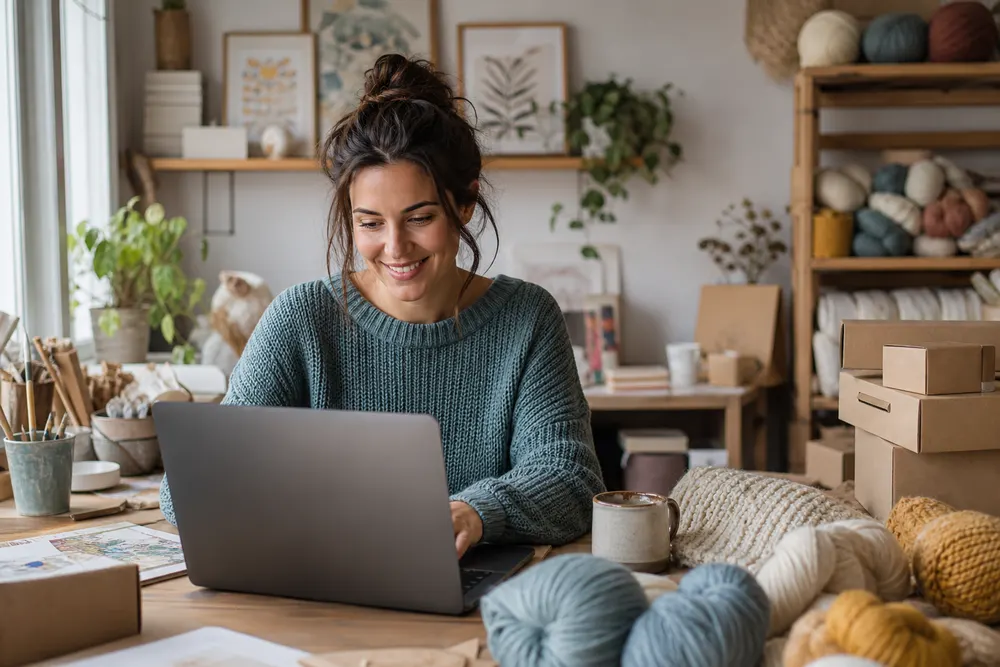 An Etsy seller working calmly at a tidy desk with their shop open on a laptop