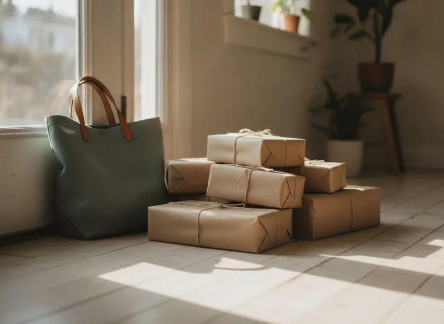 A stack of kraft parcels ready to ship by a front door