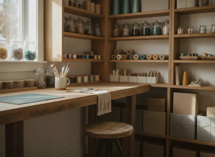 A bright home studio corner with organised shelves of craft supplies