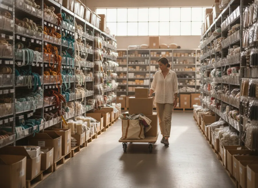 A maker walking a wholesale supply warehouse aisle with a cart