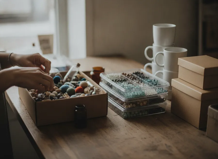 Hands inspecting bulk craft supplies at a supplier counter