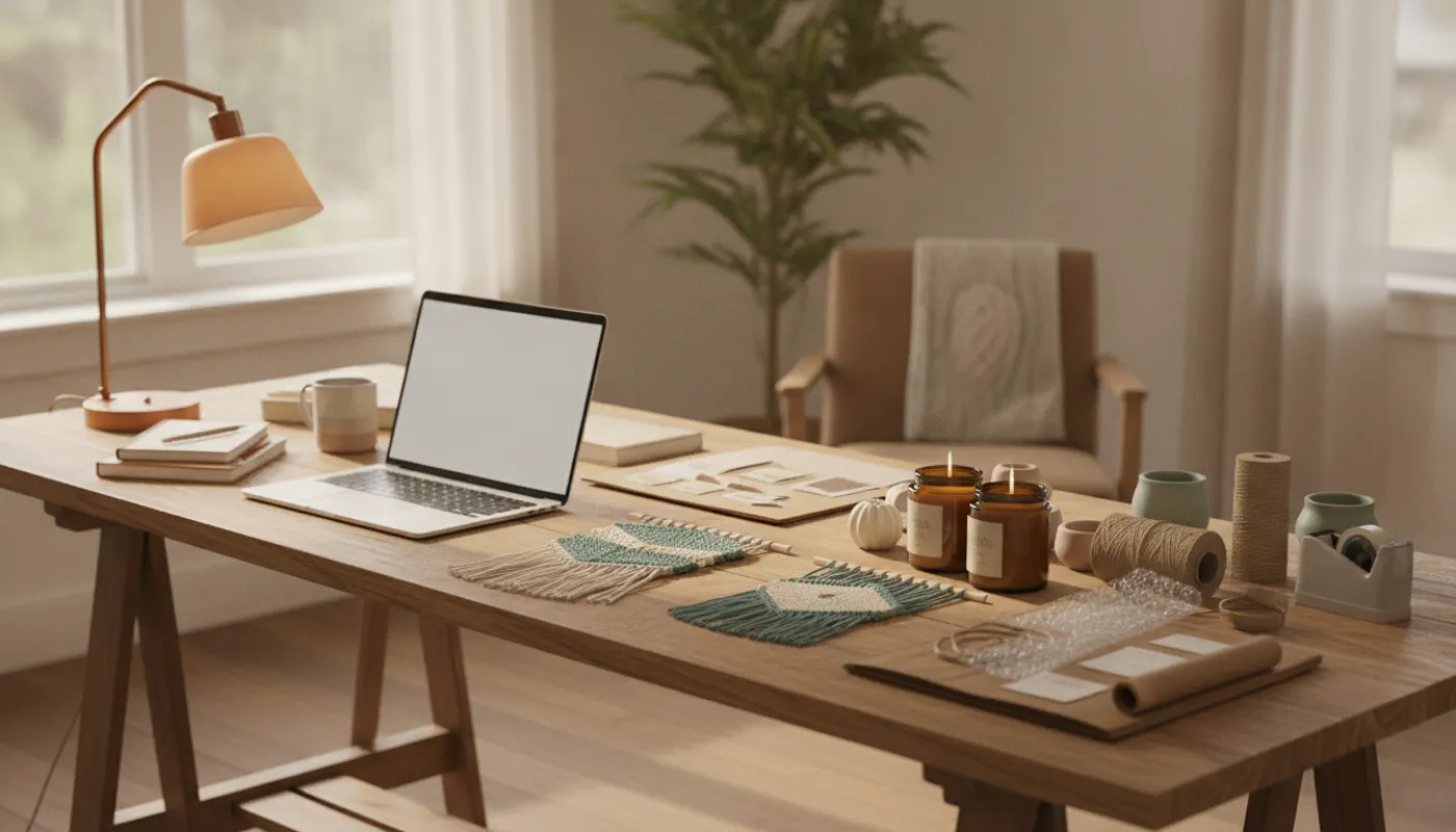 A bright home studio with a laptop at one end of a long table and handmade products at the other